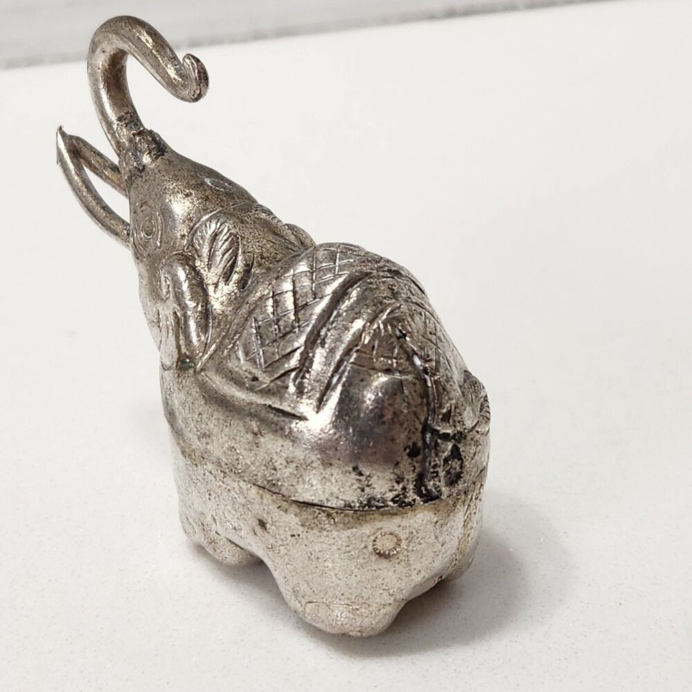 Cambodian Silver Tone Elephant Betel Nut Box Trinket Container Mid-Century